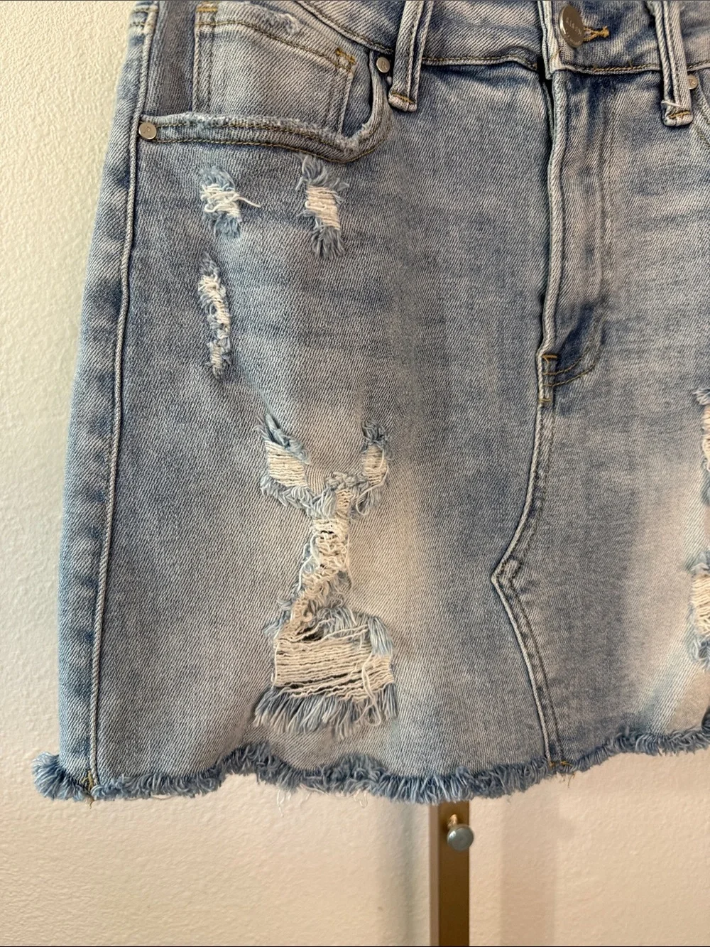 Womens Distressed Light Blue Denim Skirt